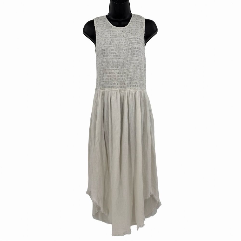 Ulla Johnson Cowrie Smocked Sleeveless Midi Cotton Dress in Off White | Size 10